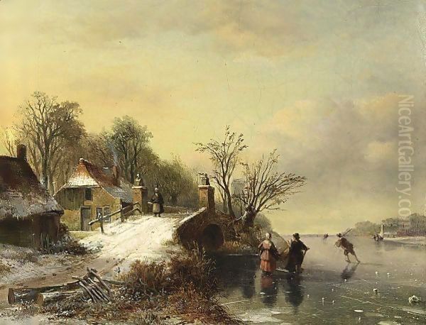 Skaters Near A Bridge Oil Painting by Nicolaas Johannes Roosenboom