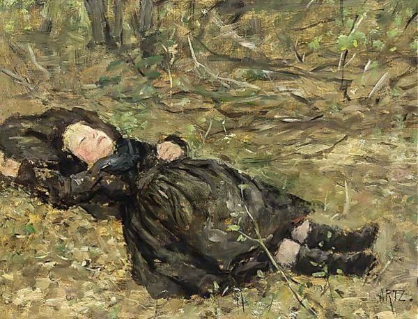 A Little Girl Resting In The Woods Oil Painting by David Adolf Constant Artz