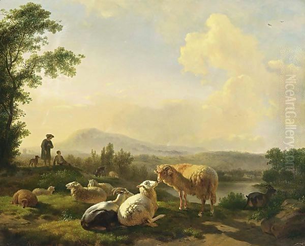 Herdsmen With Sheep In A Landscape Oil Painting by Balthasar Paul Ommeganck