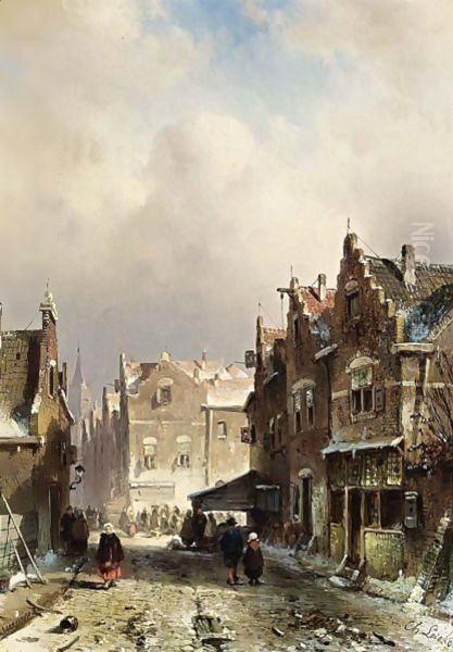 Villagers In The Streets Of A Wintry Town Oil Painting by Charles Henri Leickert