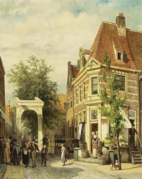 A Busy Street In Weesp Oil Painting by Cornelis Springer