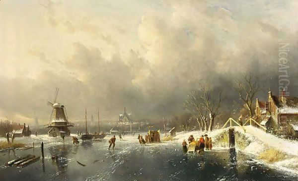 A Winter Landscape With Skaters, Haarlem In The Distance Oil Painting by Charles Henri Leickert