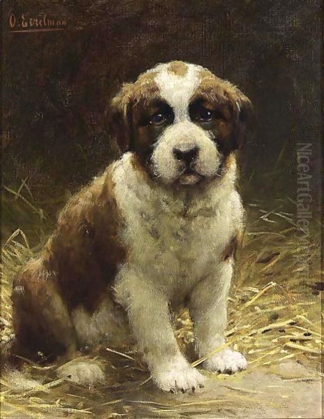 A Saint-Bernard Puppy Oil Painting by Otto Eerelman