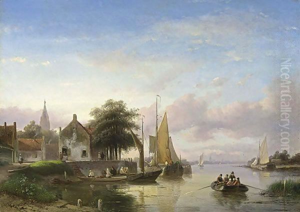 A Summer Landscape With Boats On A River Oil Painting by Jan Jacob Coenraad Spohler