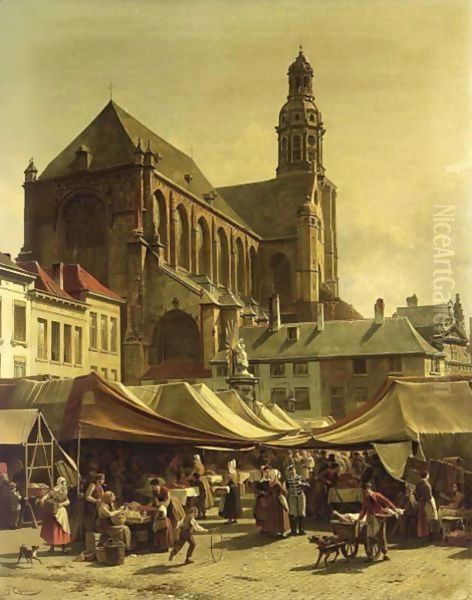 Market Day In Antwerp Oil Painting by Jacques Carabain