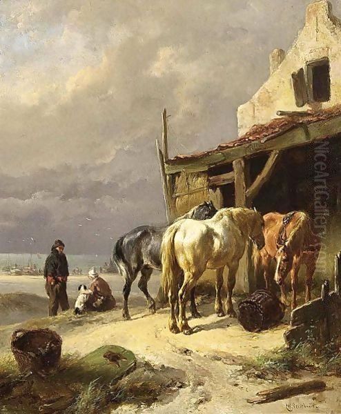 Horses At Rest Near The Beach Oil Painting by Wouterus Verschuur