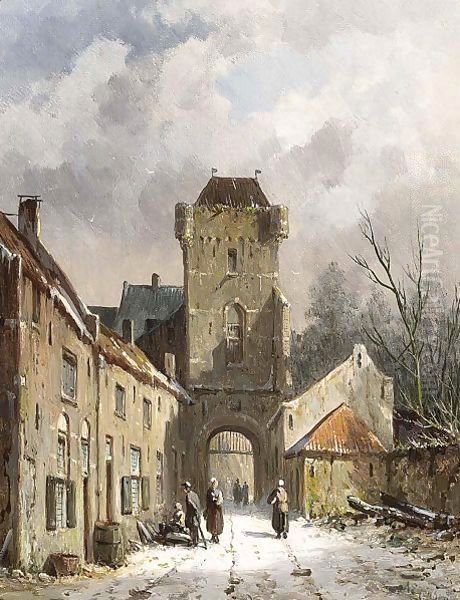 A Wintry View Of The Dijkpoort In Hattem Oil Painting by Adrianus Eversen