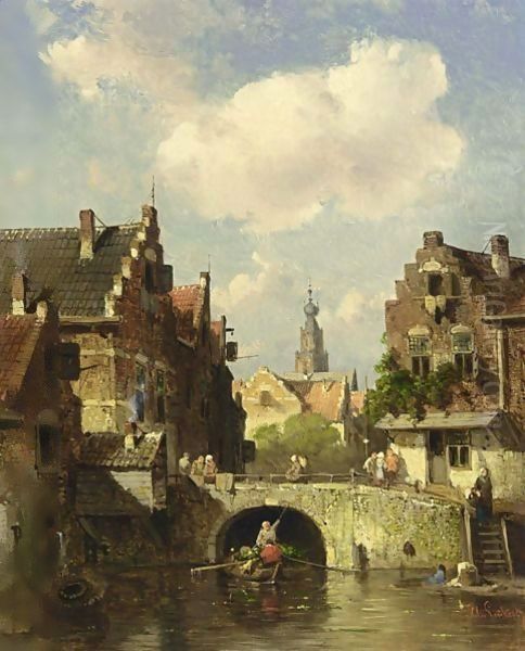 A Town View With Villagers In A Boat On A Canal Oil Painting by Charles Henri Leickert