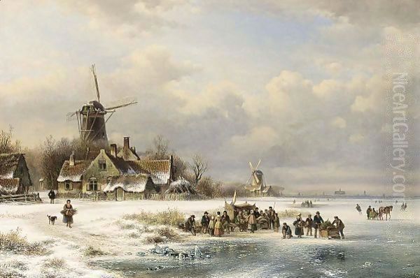 Skaters On A Frozen River Near A 'Koek En Zopie' Oil Painting by Lodewijk Johannes Kleijn