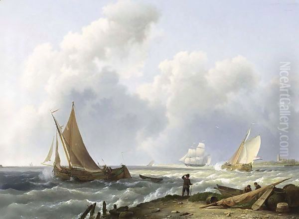 Sailing Vessels Off The Dutch Coast 2 Oil Painting by Hermanus Koekkoek