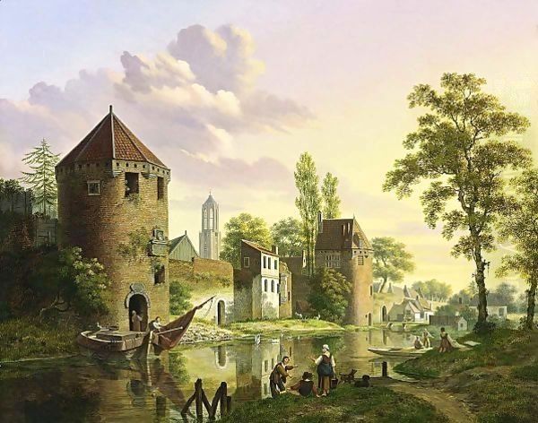 A View Of The Walled City Of Utrecht With The Dom-Tower In The Background Oil Painting by Jan Hendrik Verheijen