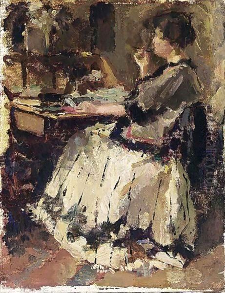 An Elegant Lady At A Writing Desk (Probably Tjieke Roelofs) Oil Painting by Albert Roelofs