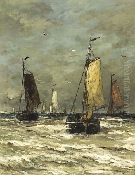 Bomschuiten At Sea 3 Oil Painting by Hendrik Willem Mesdag