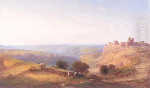 Figures In A Hilly Landscape Near A Town, Turkey Oil Painting by Carlo Bossoli