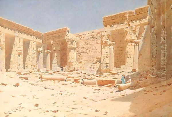 View Of The Interior Of The Temple Of Medinet-Habou, Thebes Oil Painting by Augustus Osborne Lamplough