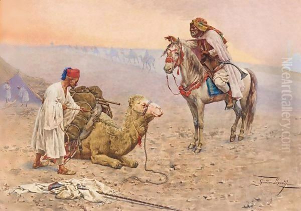 A Horseman Stopping At A Desert Camp, North Africa Oil Painting by Giulio Rosati