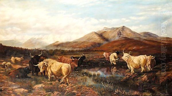 Cattle In Highland Landscape Oil Painting by Henry William Banks Davis