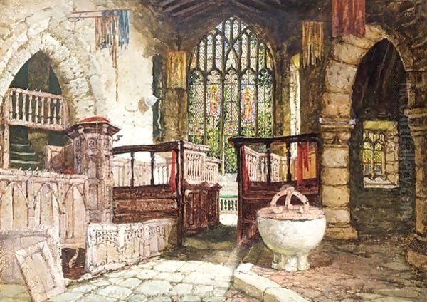 Church Interior Oil Painting by Samuel A. Rayner