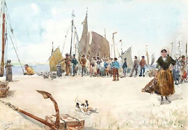 Crowd On The Harbour Oil Painting by Albert Ludovici