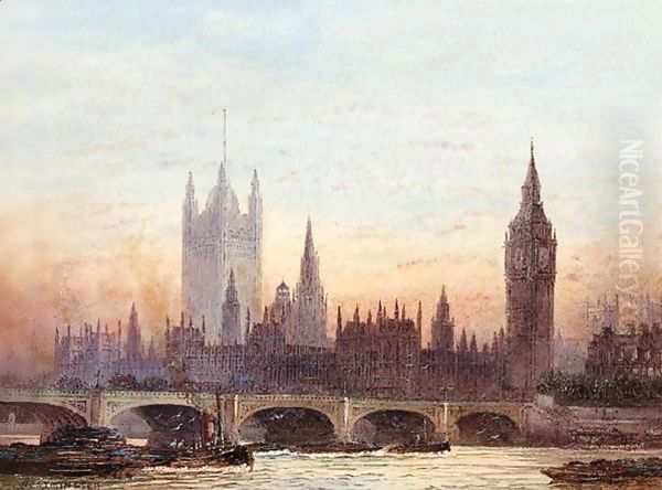 A View Of Westminster From The Thames Oil Painting by Frederick E.J. Goff