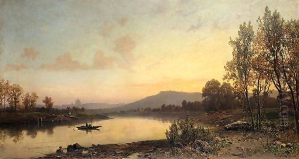 Fishing At Sunset, Rome In The Distance Oil Painting by Hermann David Solomon Corrodi