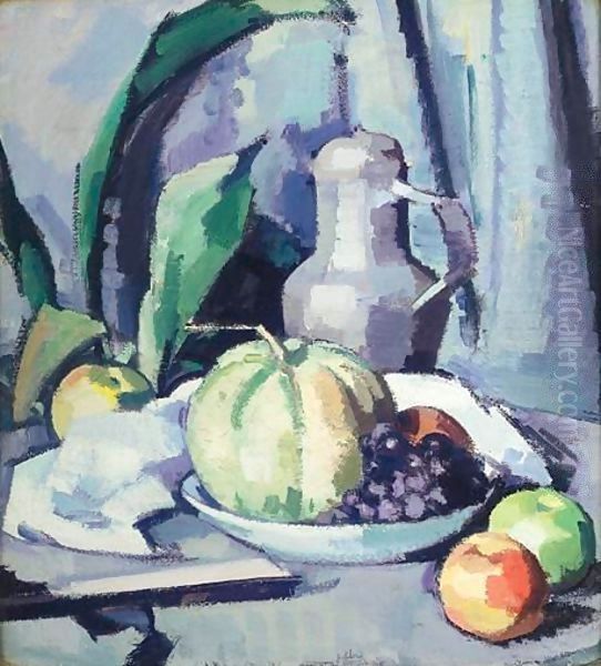 Still Life With Jug, Melon, Grapes And Apples Oil Painting by Samuel John Peploe