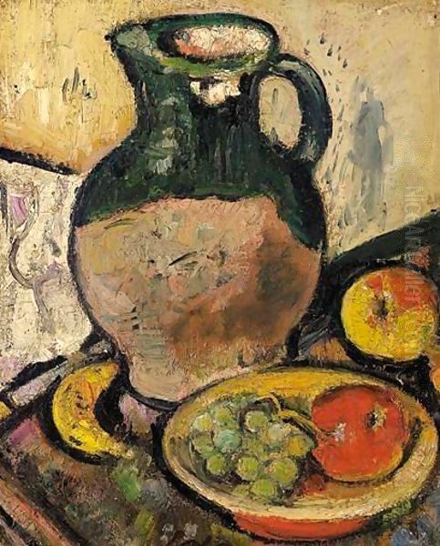 A Still Life Of Fruit And Green Jug Oil Painting by George Leslie Hunter