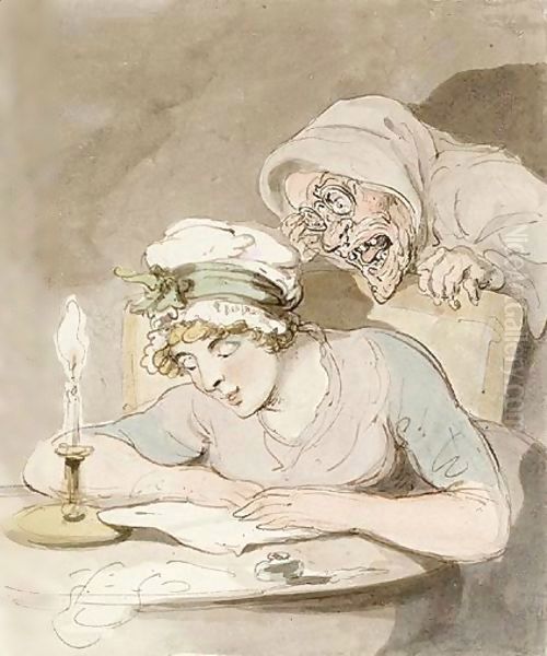 A Young Lady Reading A Book, An Old Hag At Her Shoulder Oil Painting by Thomas Rowlandson