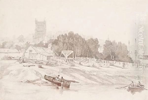 Riverside Scene With Church Tower Oil Painting by William Alfred Delamotte