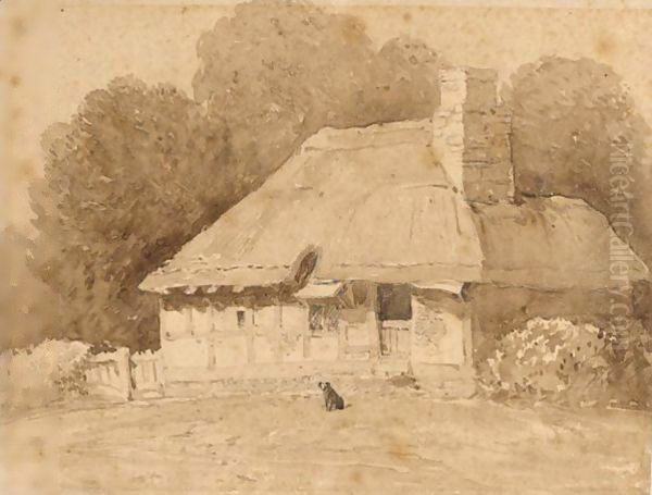 A Dog By A Thatched Cottage Oil Painting by David Cox