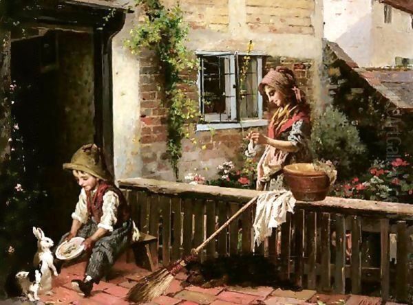 Feeding Rabbits Oil Painting by Alexander M. Rossi