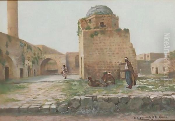 Courtyard Of The Old Mosque At Ramleh Oil Painting by Herbert Gustav Schmalz