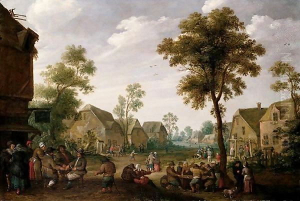 A Crowded Village Scene With Figures Drinking Before A Tavern Oil Painting by Joost Cornelisz. Droochsloot