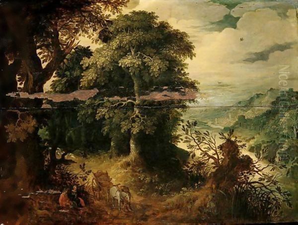 A River Landscape With Travellers And Their Wagon Resting By A Track, A City In The Distance Oil Painting by Abraham Govaerts