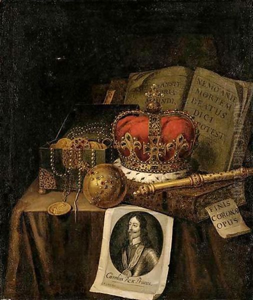 A Vanitas Still Life Of A Crown, An Orb, A Sceptre, A Casket Of Coins And Jewels, Together With Books And An Engraving Of Charles I Of England, All Arranged Upon A Draped Table-Top Oil Painting by Edwart Collier