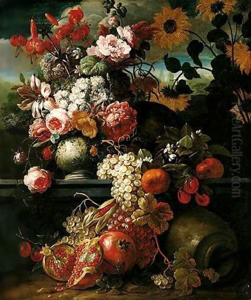 A Still Life Of Roses, Tulips, And Other Flowers In A Porcelain Vase, Together With Pomegranates, Plums And Grapes, In An Ornamental Landscape Oil Painting by Gaspar-pieter The Younger Verbruggen