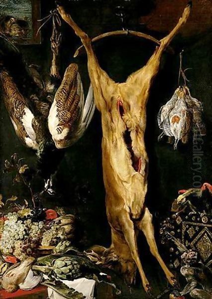 A Still Life Of Artichokes, Grapes And A Melon In A Basket, A Hung Peacock, Roe-Buck And Grouse, Together With A Parrot And A Monkey, A Cat Jumping Through A Window Beyond Oil Painting by Frans Snyders