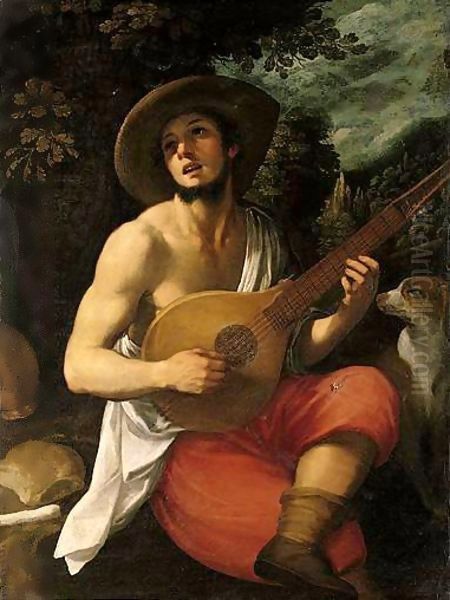 Portrait Of A Young Man, Three Quarter Length Seated, Playing A Cittern, A Landscape Beyond Oil Painting by Domenico Cresti (see Passignano)