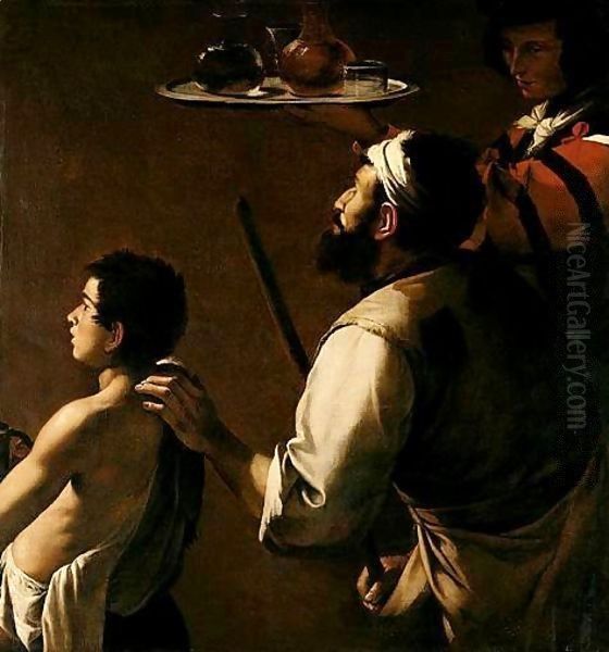 A Blind Beggar Being Led By A Boy, Together With A Servant Holding Up A Tray With Glasses And Decanters Oil Painting by Mattia Preti