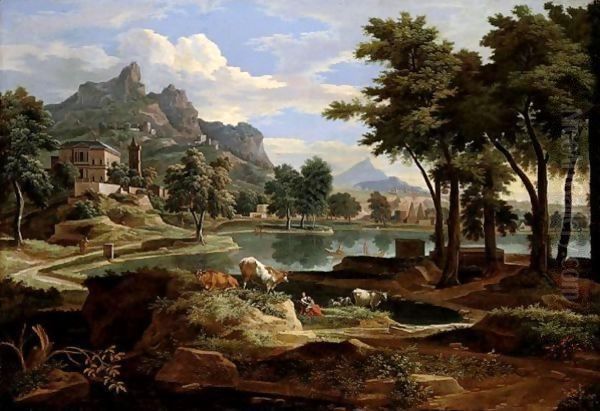 A Classical Landscape With Figures And Cattle Resting By A Lake, Rocky Terrain Beyond Oil Painting by Etienne Allegrain