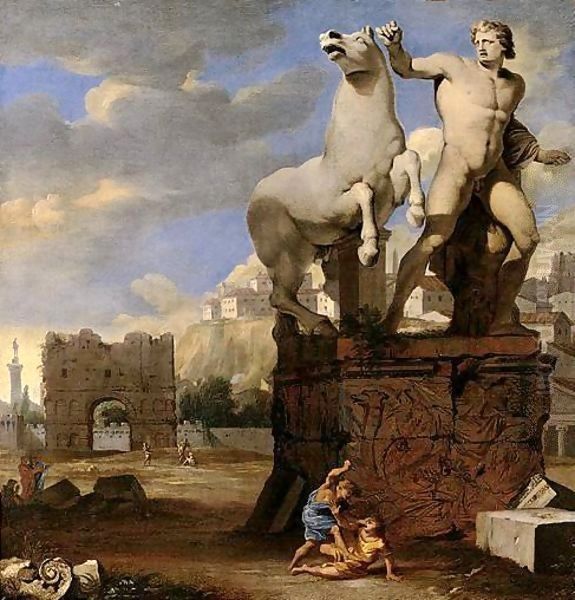 A Capriccio Of The Forum Romanum, With The Sculpture Groups Of Alexander And Bucephalus, And Cain And Abel Oil Painting by Thomas Blanchet