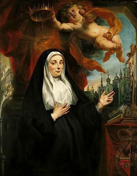 Portrait Of The Infanta Isabella Clara Eugenia, As A Nun, Half-Length In Prayer Before A Crucifix And Crowned By A Cherub, With An Abbey Beyond Oil Painting by Jacob Jordaens