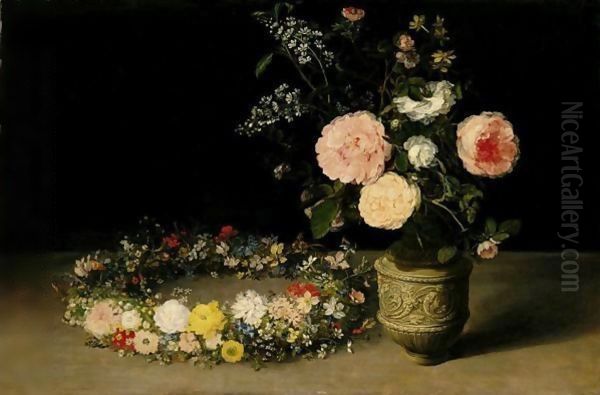 A Still Life Of Roses And Sprays Of Lilac In An Ornamental Stoneware Vase, With A Wreath Of Roses, Forget-Me-Nots, Jasmine, Cyclamen And Other Flowers Resting Nearby, All On A Table-Top Oil Painting by Jan The Elder Brueghel