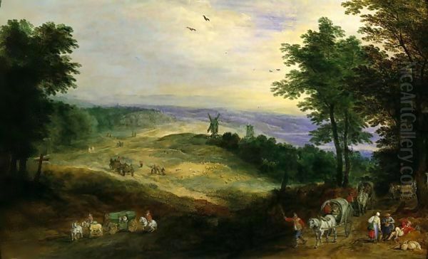 A Wooded Landscape With Travellers On A Track, A Windmill Beyond Oil Painting by Joos De Momper