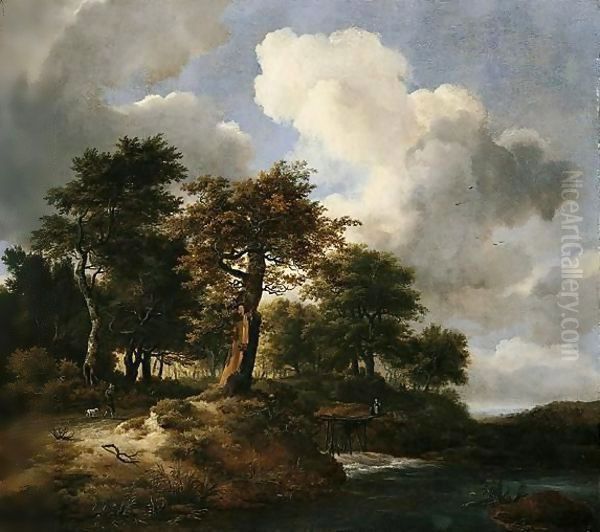 A Landscape With A Torrent At The Margins Of A Wood And Figures On A Road Oil Painting by Jacob Van Ruisdael