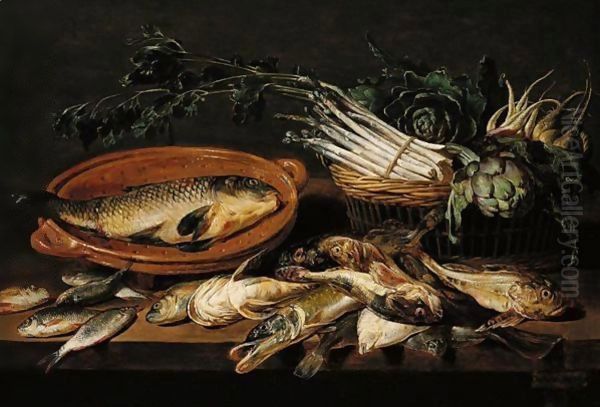 A Still Life Of Artichokes, Asparagus, Radishes, And Turnips In A Wicker Basket, With A Carp In A Terracotta Dish, Together With Salt- And Fresh-Water Fish, All Arranged Upon A Table-Top Oil Painting by Adriaen van Utrecht