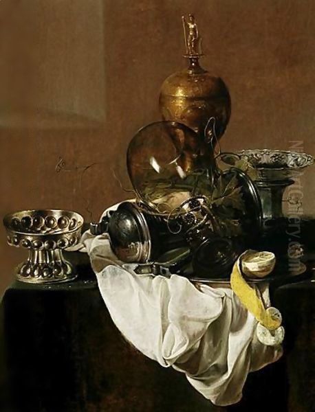 A Still Life Of Silverware, An Overturned Roemer, A Peeled Lemon On A Plate, A Blue-And-White Porcelain Bowl And An Ormolu Vase, All On A Table Draped With A White Cloth Oil Painting by Jan Jansz. Treck