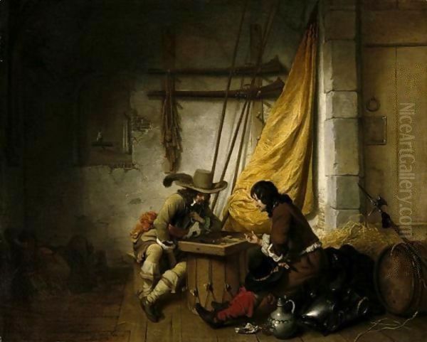 A Guardroom Scene With Two Soldiers Playing Backgammon And Another Asleep Oil Painting by Gerbrand Van Den Eeckhout