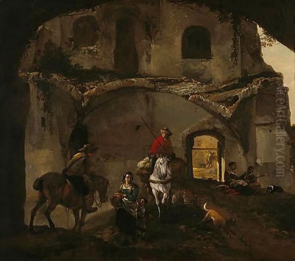 An Italianate Landscape With Two Riders And Other Figures Beneath Ruined Buildings Oil Painting by Philips Wouwerman