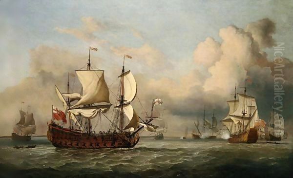 An English Indiaman Before A Light Breeze Oil Painting by Willem van de, the Elder Velde